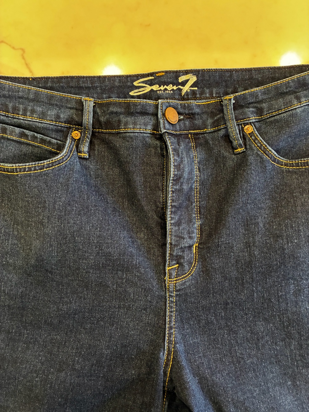 Seven7 Dark Indigo Relaxed Fit Jeans with Gold Stitching